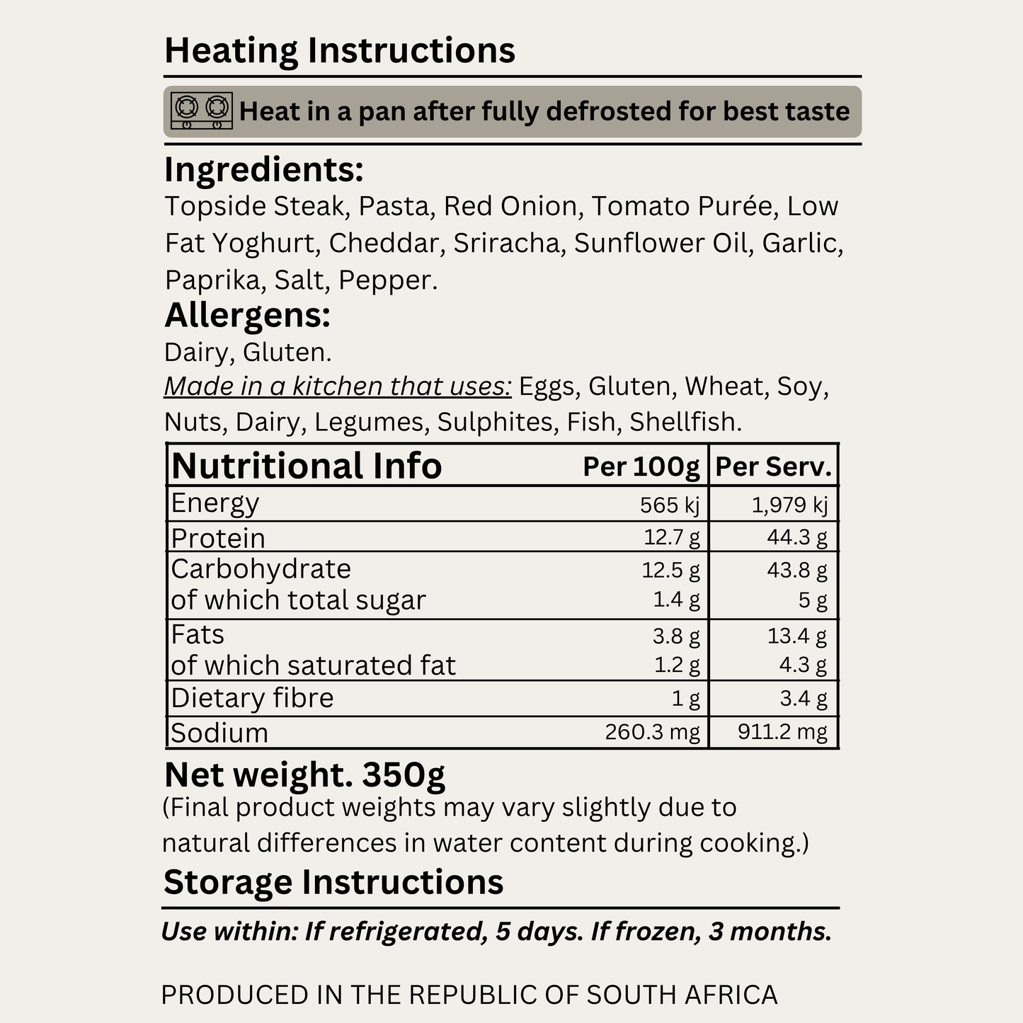 Macro&Micro nutritional label with ingredients, allergens, and heating instructions on a white background.
Capetown Meal Prep.