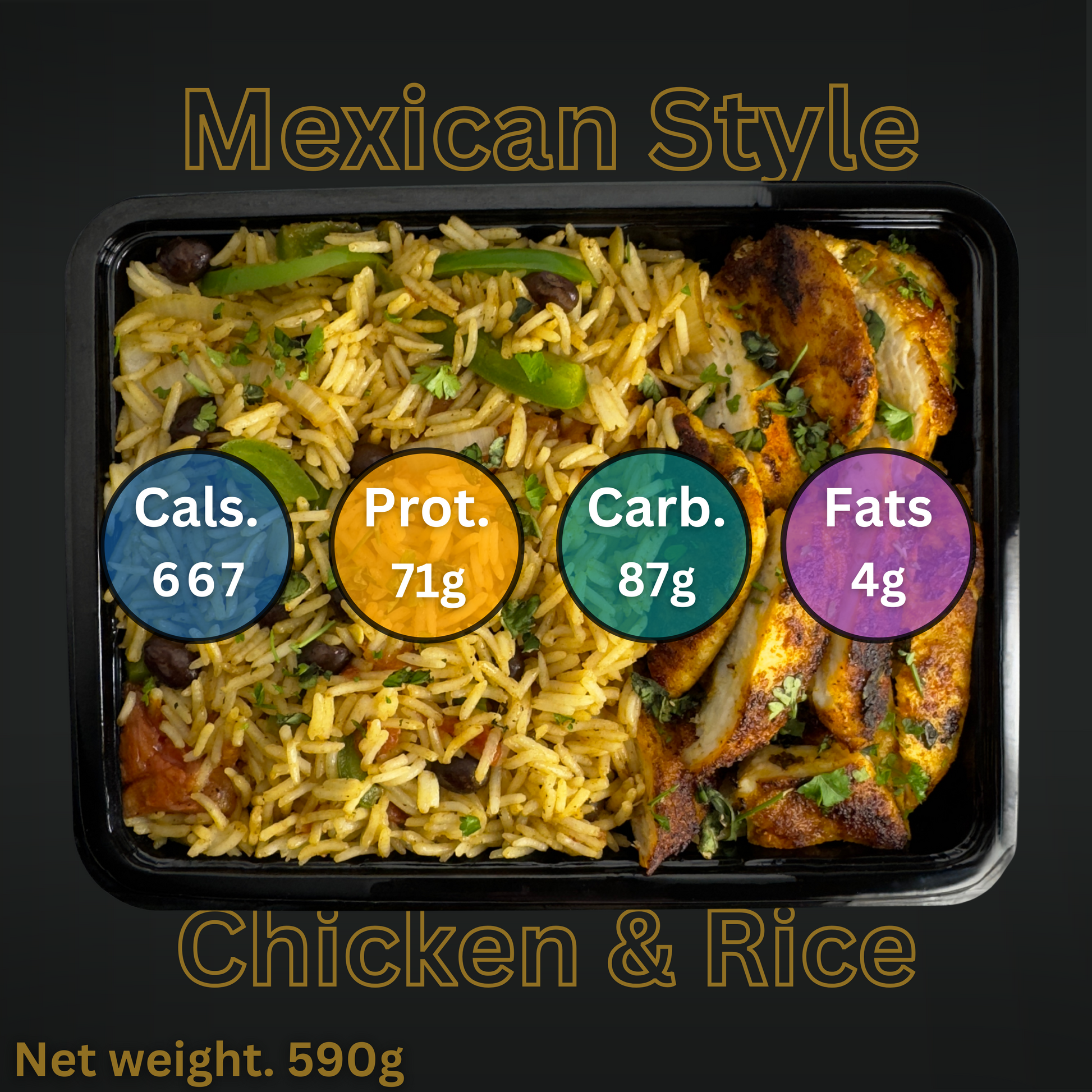 Macro&Micro Mexican-style chicken and rice dish with nutritional information labels on a black background