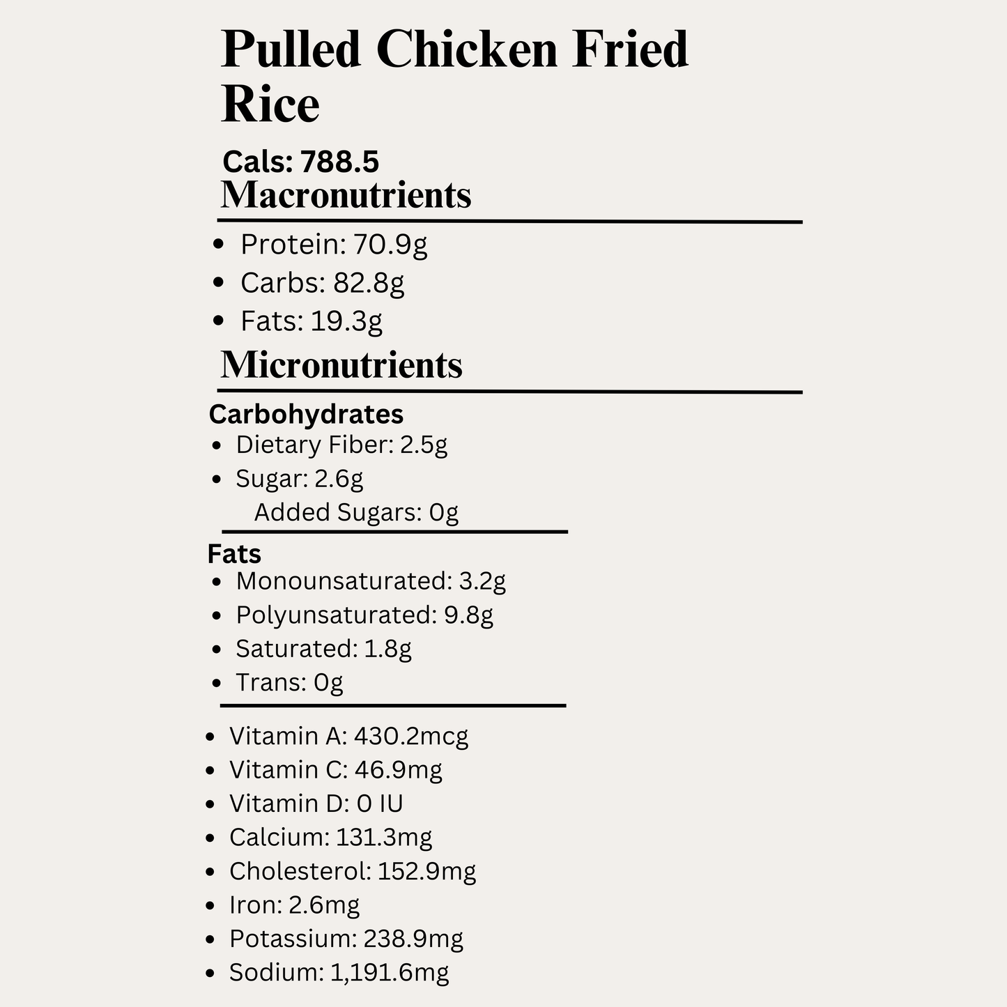 Macro&Micro nutritional information for the Pulled Chicken Fried Rice on a white background.
Capetown Meal Prep.