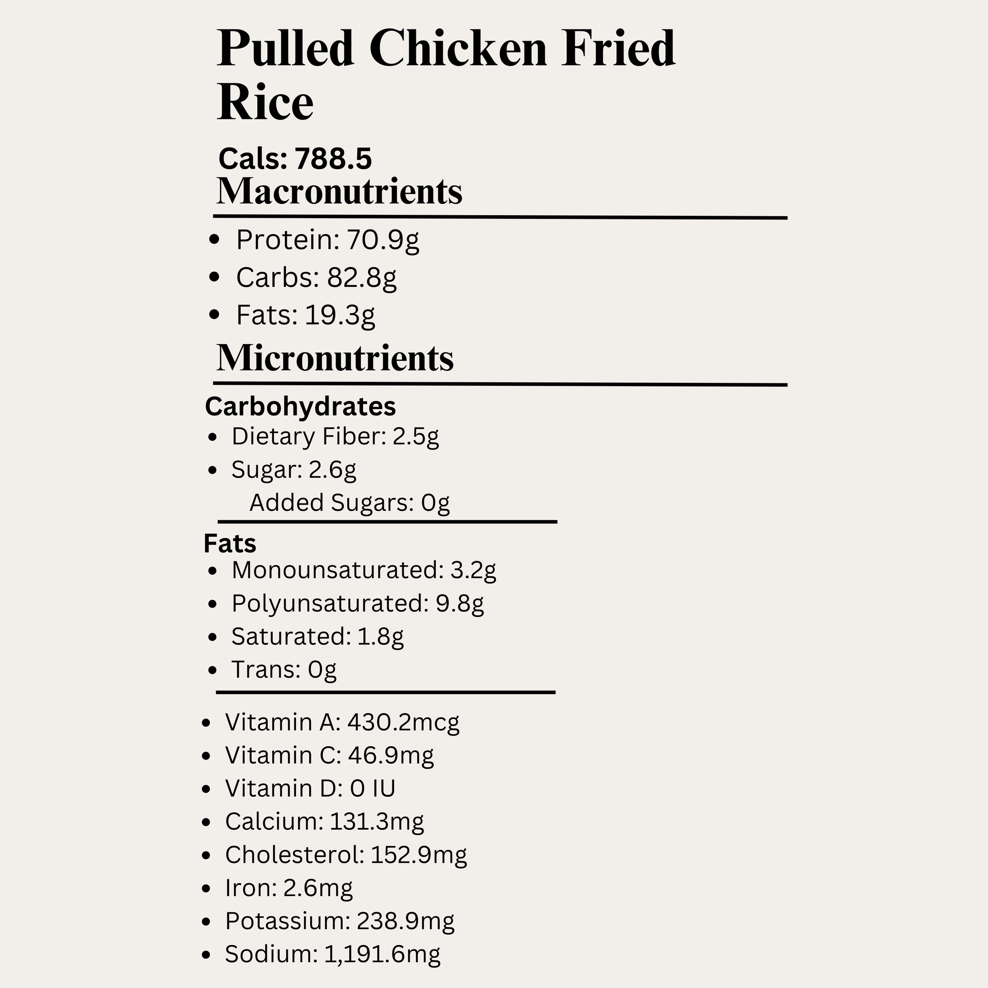 Macro&Micro nutritional information for the Pulled Chicken Fried Rice on a white background.
Capetown Meal Prep.