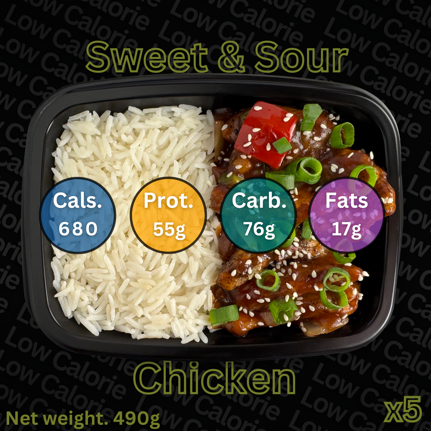 Container of rice and sweet and sour chicken with nutritional information labels on a black background.