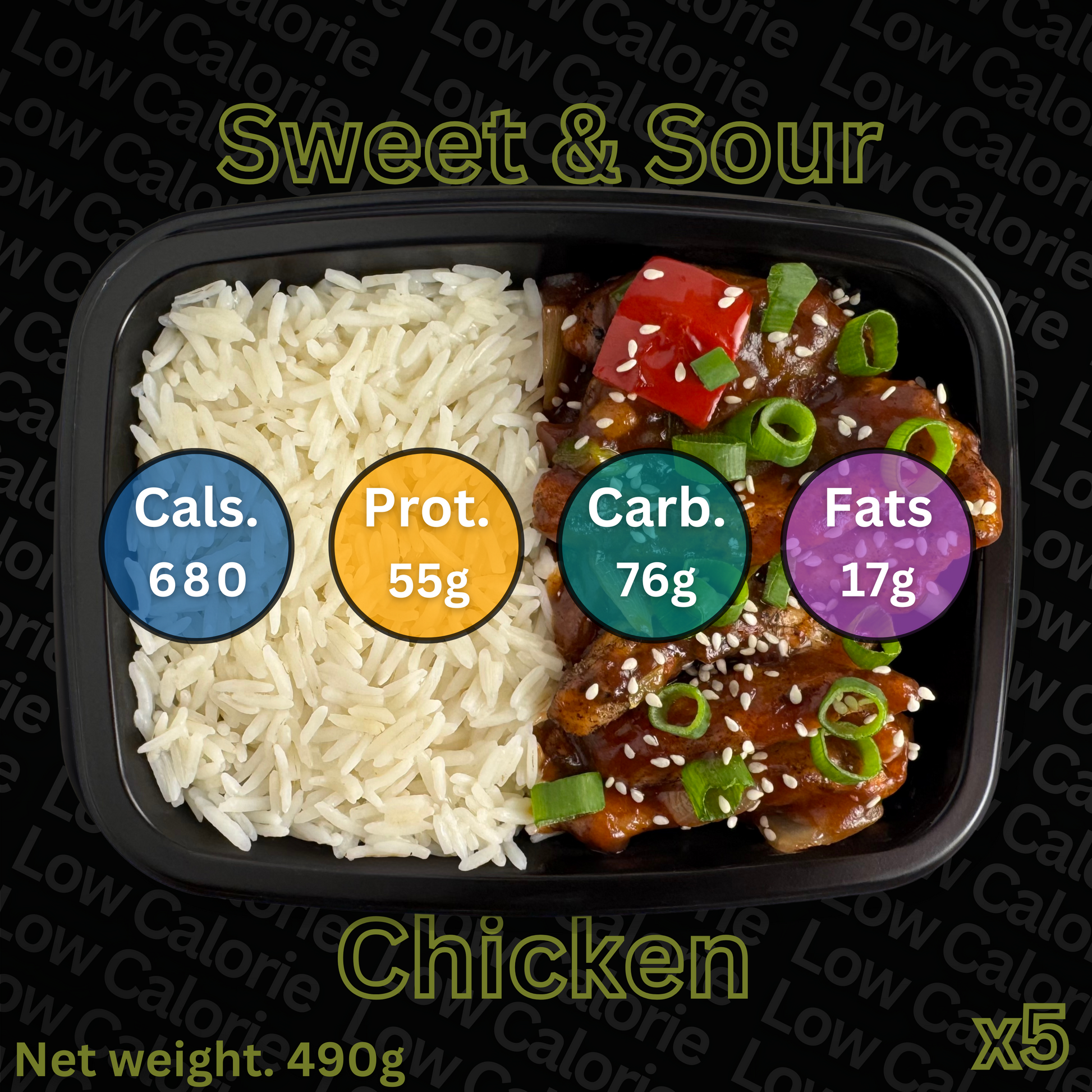 Container of rice and sweet and sour chicken with nutritional information labels on a black background.