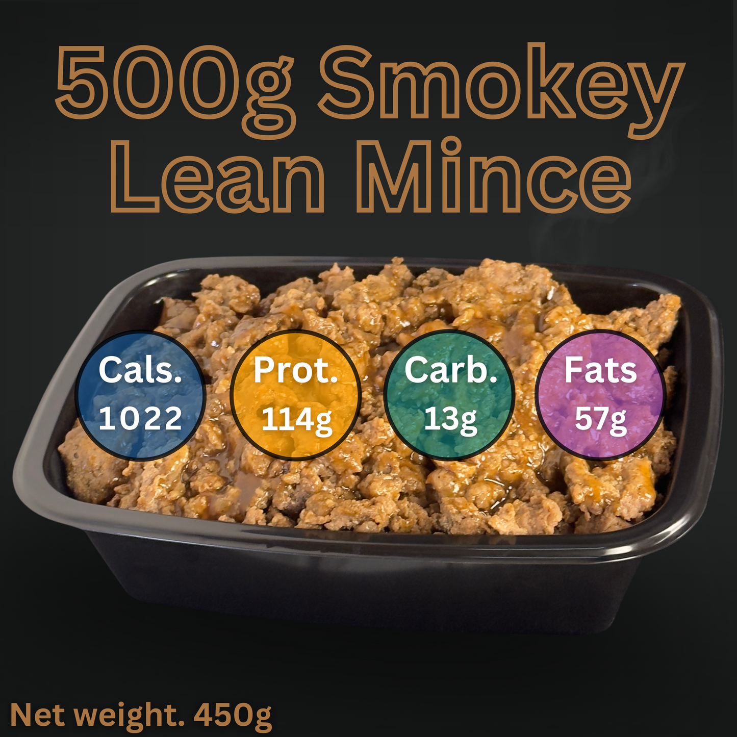 Macro&Micro Smokey lean mince with nutritional information labels on a black background