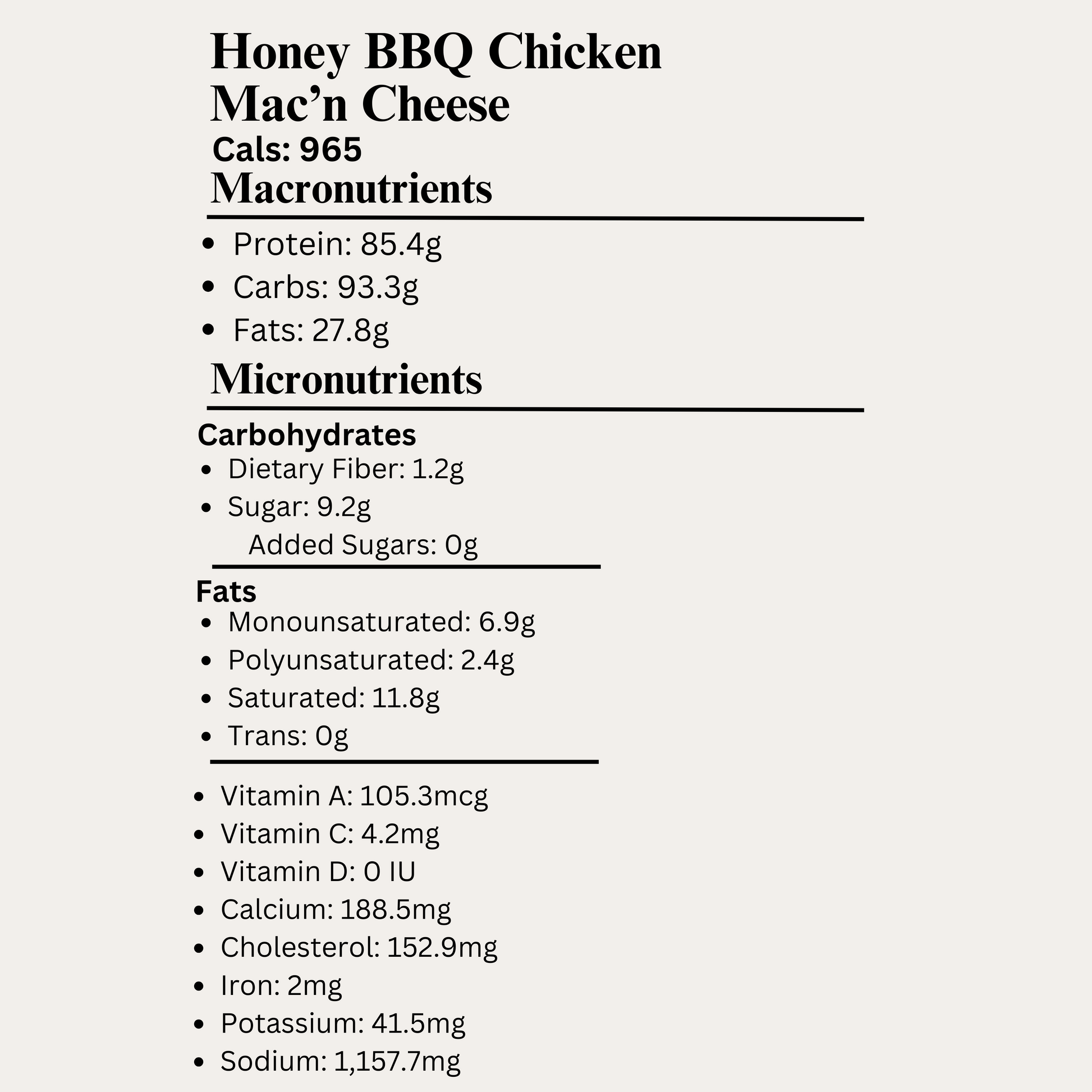 Macro&Micro, High Protein Honey BBQ Mac'n Cheese Pre Made Meal Breakdown