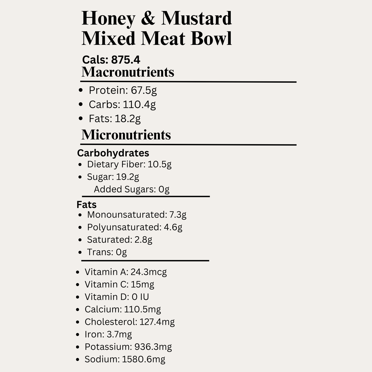 Macro&Micro Honey & Mustard Mixed Meat Bowl Nutrition Breakdown.
Capetown Meal Prep