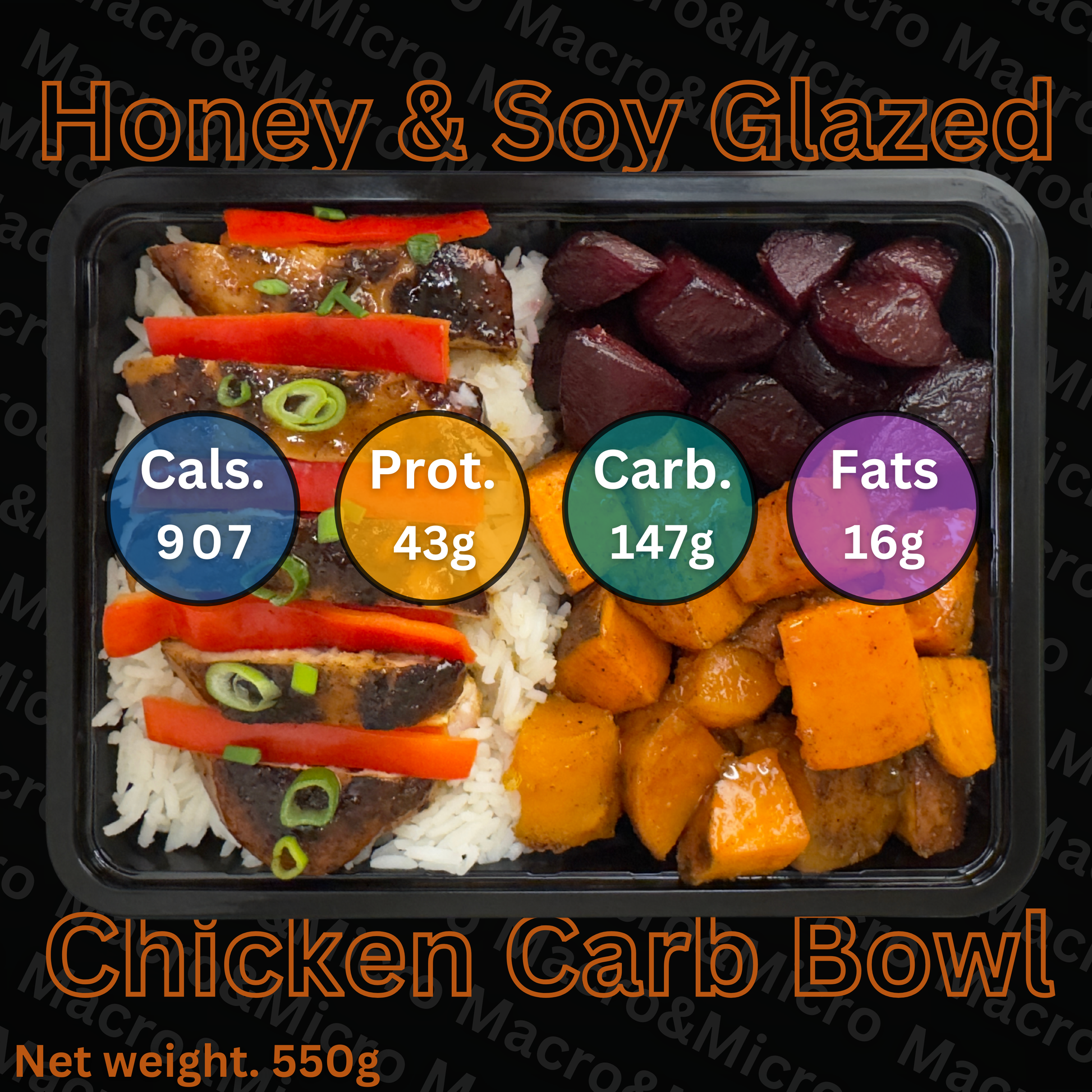 Honey & Soy Glazed Chicken Carb Bowl ready made meal with nutritional information.
Capetown Mealprep.