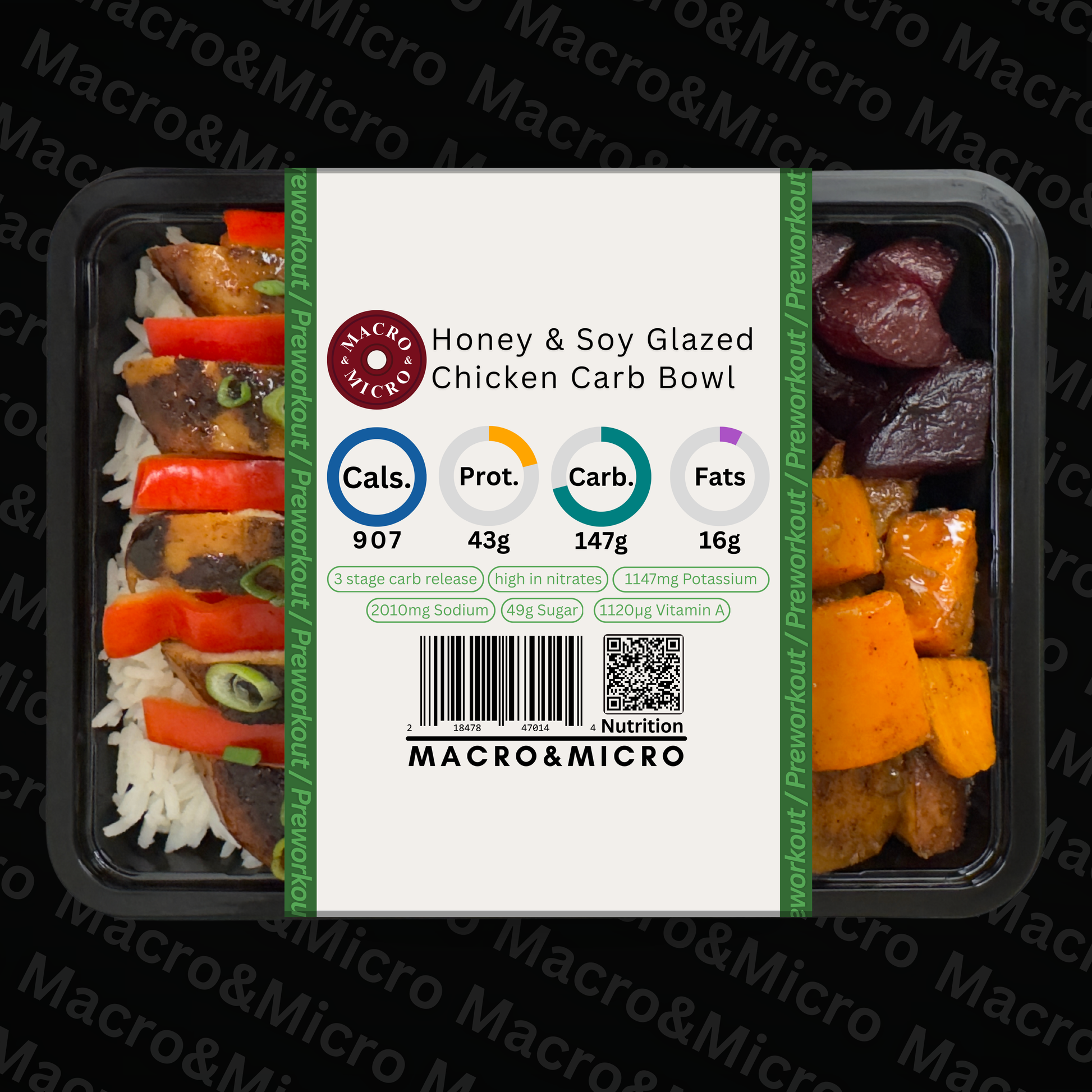 Honey & Soy Glazed Chicken Carb Bowl ready made meal with nutritional information.
Capetown Mealprep.