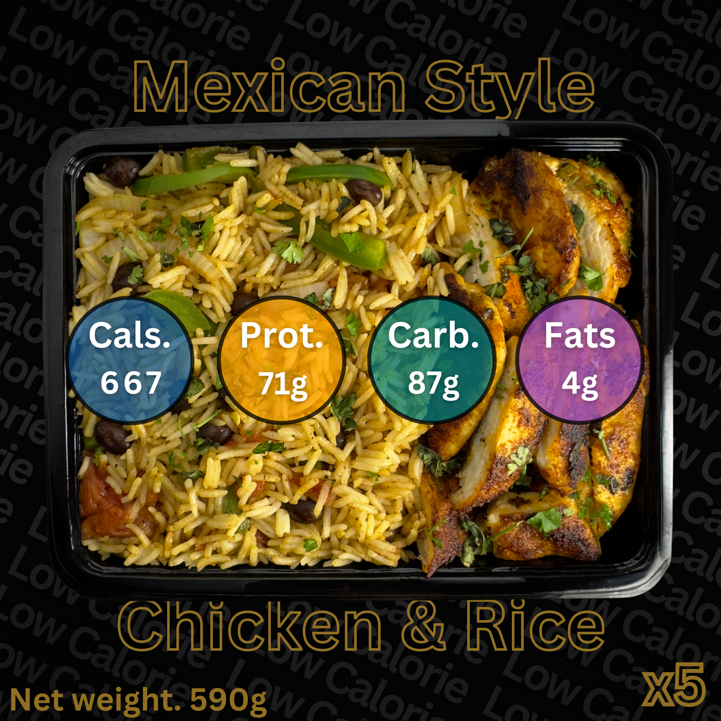 Mexican-style chicken and rice dish with nutritional information on a black background.