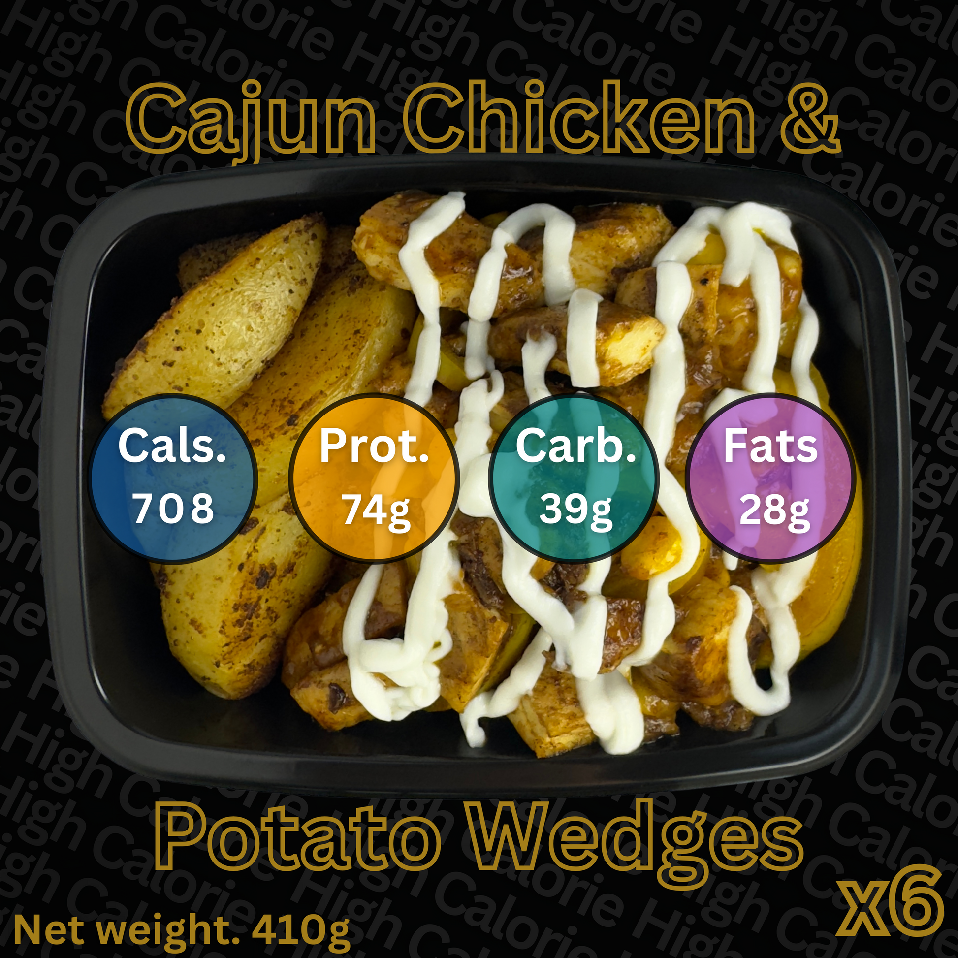 Macro&Micro Cajun Chicken and Potato Wedges with nutritional information on a black background.