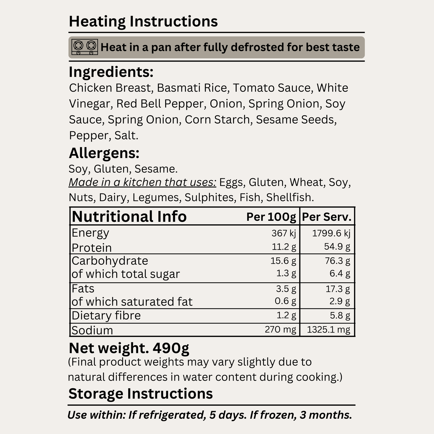 Nutritional label with ingredients, allergens, and heating instructions on a white background