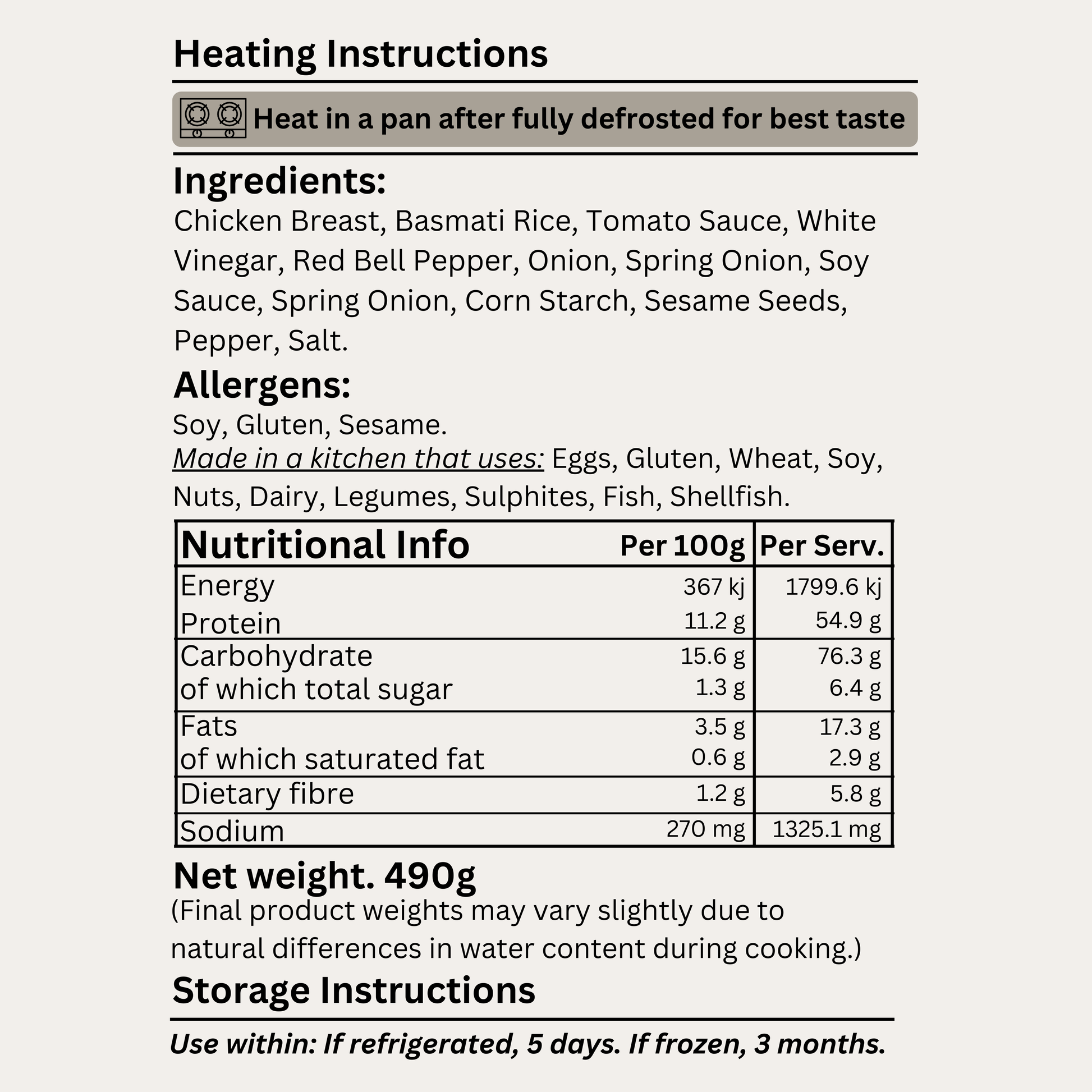 Nutritional label with ingredients, allergens, and heating instructions on a white background