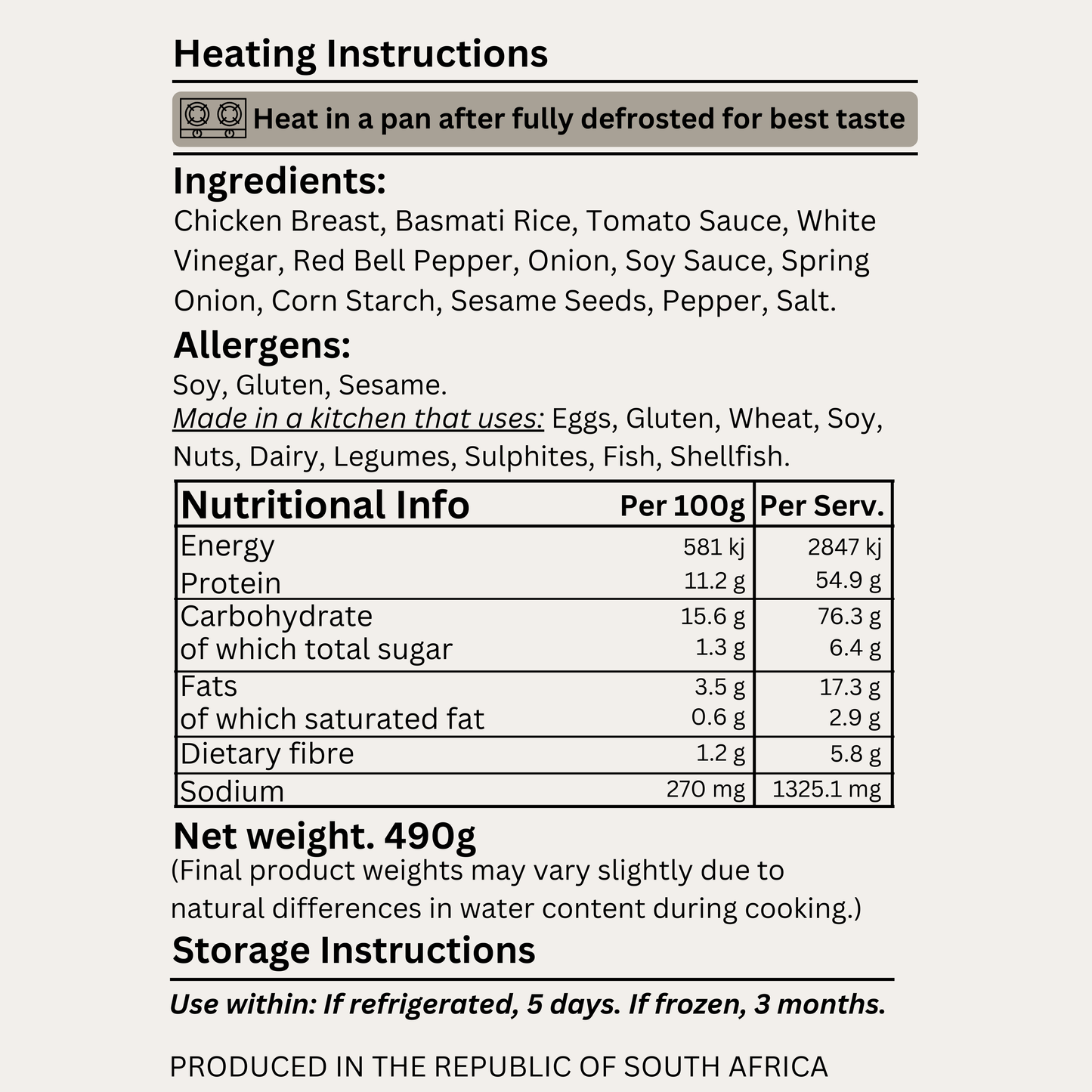 Nutritional label with heating, ingredients, allergens, and storage instructions.