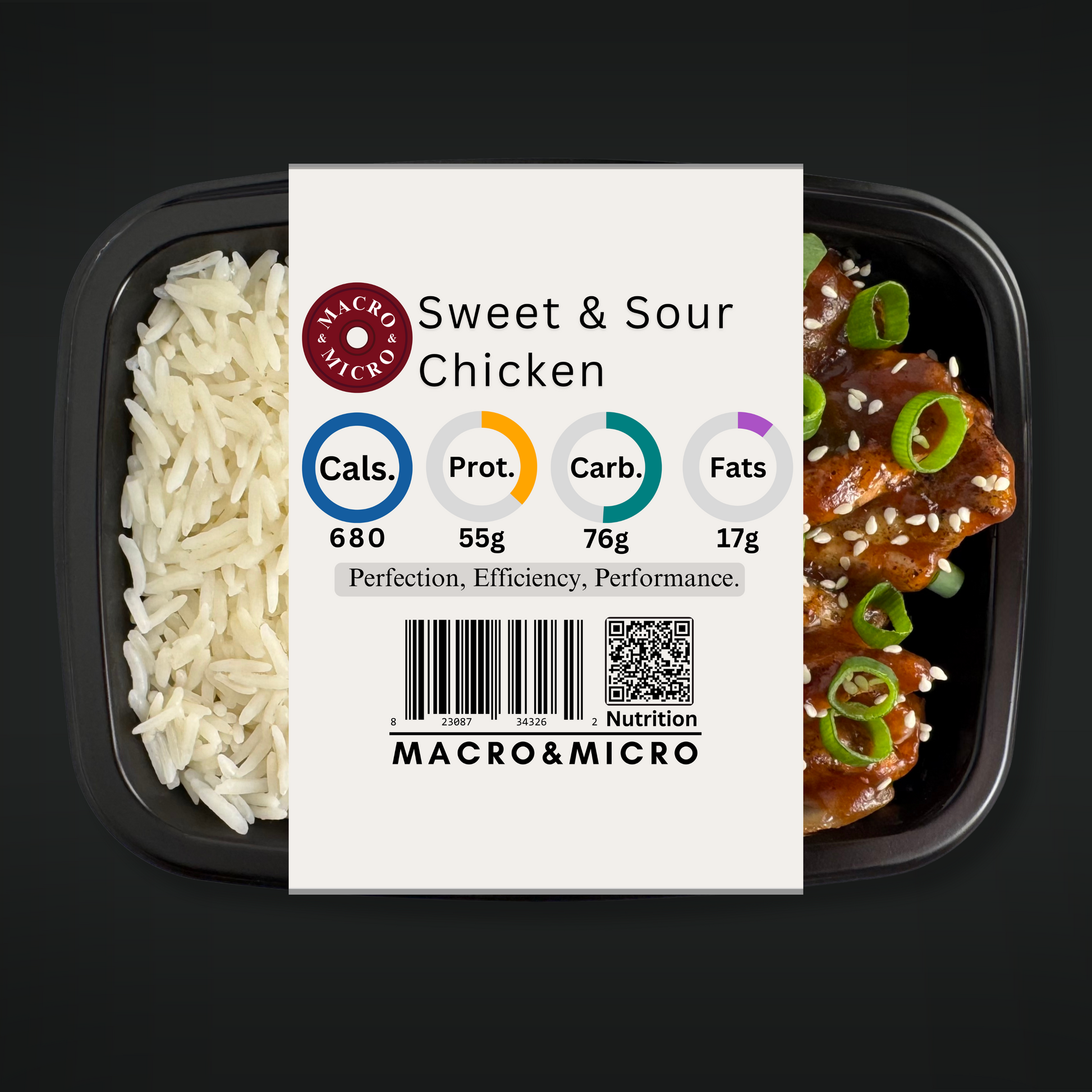 Container of sweet and sour chicken with a Macro & Micro label on a black background