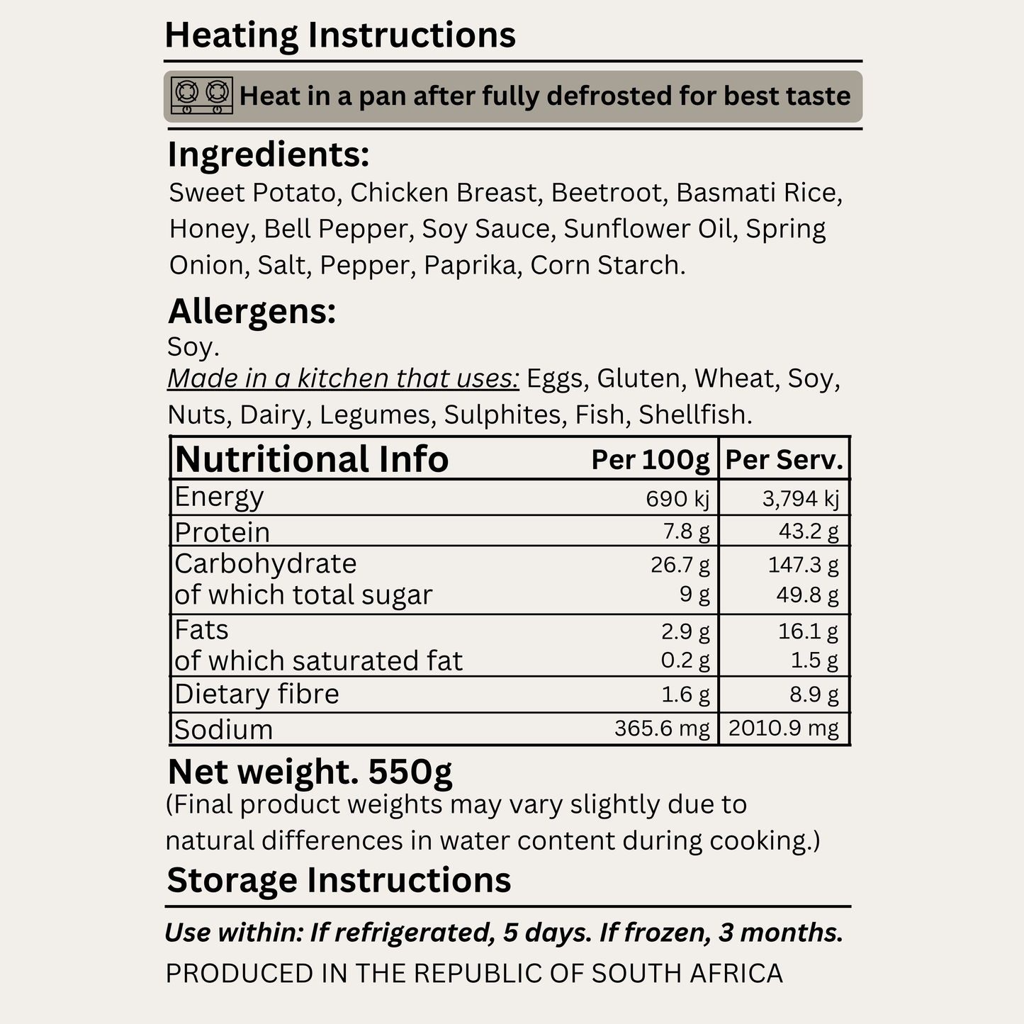 Nutritional label with heating instructions, ingredients, allergens, and nutritional information for Macro&Micro's Honey & Soy Glazed Chicken Carb Bowl.