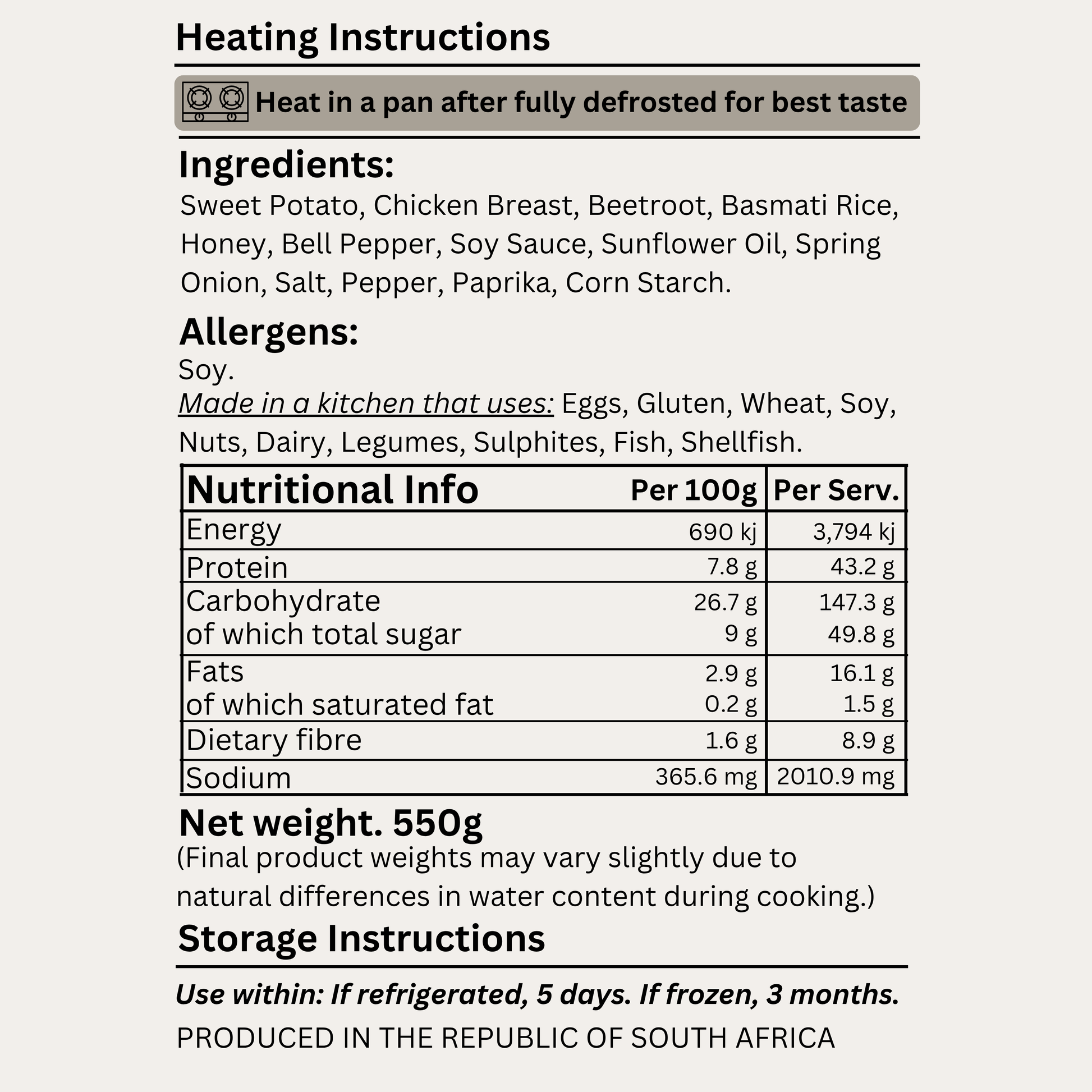 Nutritional label with heating instructions, ingredients, allergens, and nutritional information for Macro&Micro's Honey & Soy Glazed Chicken Carb Bowl.