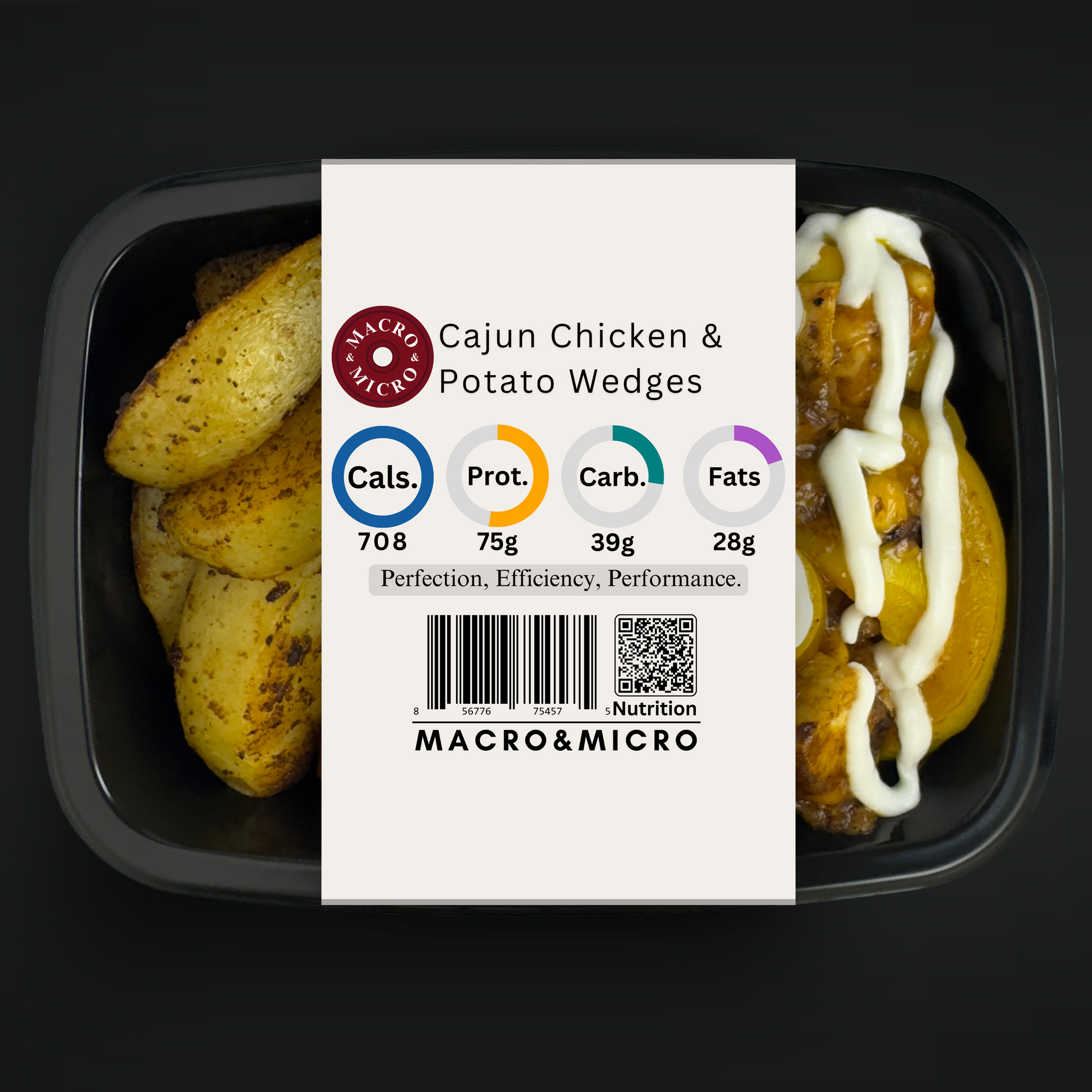 Container of Cajun Chicken & Potato Wedges with Macro & Micro label on a black background